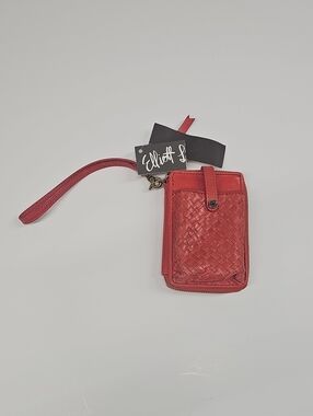 NWT Elliott Lucca Coral-Red Woven Leather Wristlet Phone Pouch Wallet